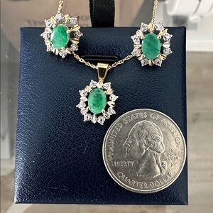 Genuine Emerald and Diamond pendant necklace and earrings set in 14k solid gold